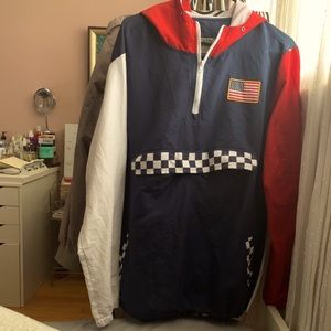 red white and blue colorblock windbreaker